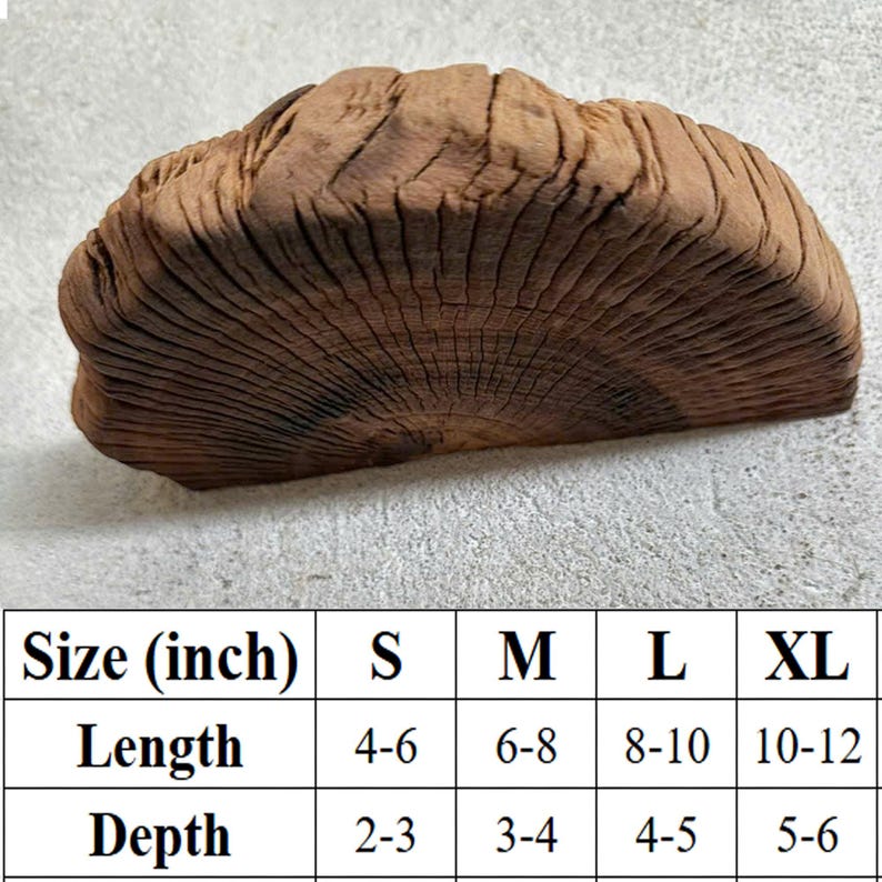 May include: A chart showing the size and dimensions of wooden slices in inches. The chart shows the length and depth of the slices in inches for sizes small, medium, large, and extra large.