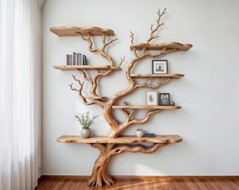 Tree branch unique floor bookshelf live edge shelf custom vintage solid wood bookcase decor