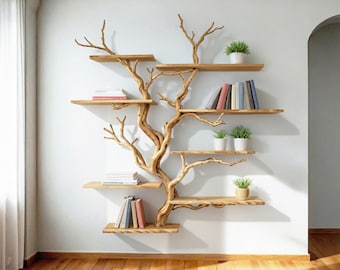 libreria galleggiante, mensola a forma di ramo d'albero, scultura in legno di recupero, libreria a parete, arte personalizzata, decorazione per la casa