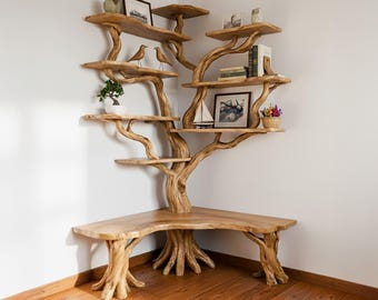 Tree branch book shelf solid wood floating shelves corner standing tree bookshelf handmade furniture