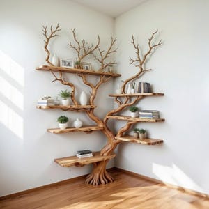 Op de afbeelding: Een unieke houten boom boekenkast met meerdere planken en takken die zich uitstrekken naar de muur. De planken bevatten kleine potplanten, boeken en decoratieve vazen. De boekenkast is gemaakt van natuurlijk hout en staat in een hoek.