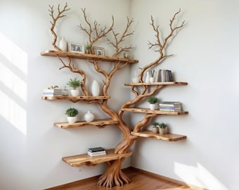 May include: A unique wooden tree bookshelf with multiple shelves and branches extending to the wall. The shelves hold small potted plants, books, and decorative vases. The bookshelf is made of natural wood and is placed in a corner.