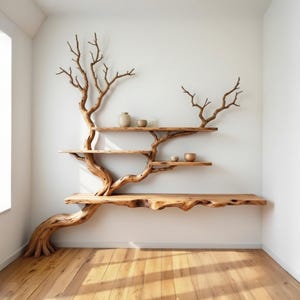 Op de afbeelding: Een uniek, handgemaakt houten rek ontworpen om op een boom te lijken. De natuurlijke houten plank heeft drie niveaus en is aan een witte muur bevestigd. Kleine decoratieve items worden tentoongesteld.