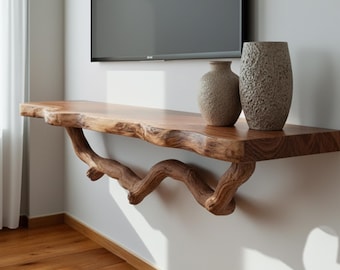 Tree branch floating TV shelf on wall mounted live edge wood shelves custom bookshelf decor