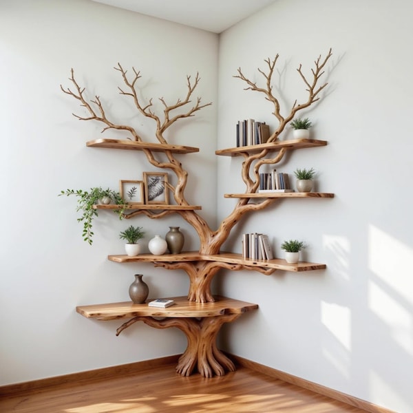 Hoek boomtak boekenplank decor vloer boekenkast kunst muurbevestiging thuis decoratief