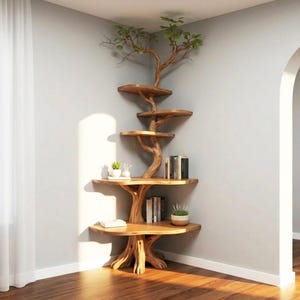 Op de afbeelding: Houten hoekplank in de vorm van een boom. De unit heeft meerdere ronde planken die worden ondersteund door een centrale stamachtige structuur. De bovenkant van de unit heeft kunstbladeren. Boeken en kleine planten worden op de planken tentoongesteld.