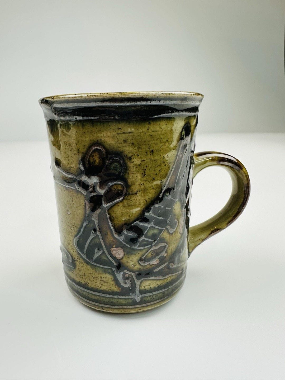 Vintage Handmade Art Pottery Mug With Handle Abstract Bird and Floral ...
