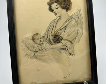 Antique Edwardian Mother & Baby Print in Wood Frame Vintage Patina 1920/1930s
