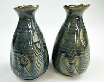 Vintage Pair of Small Green Pottery Pitchers Abstract Floral Sake Carafe