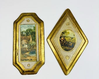 Vintage Pair Florentine Italy Gilt Gold Wall Decor Plaques Old World