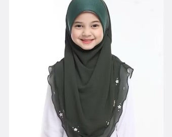 Cute instant one piece hijab for kids premium chiffon with flower design, size 20 inches front & 22 inches back suitable for ages 9-12 years
