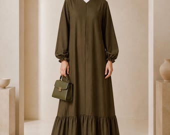 Tasnym zipper premium modest cotton linen abaya dress