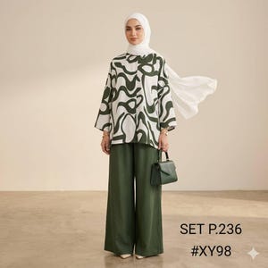 May include: A white headscarf, a long-sleeved button-down shirt with a dark green abstract wavy pattern, and solid dark green wide-leg trousers. A small dark green handbag is held. The text SET P.236 #XY98 is visible in the lower right corner.
