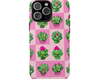 May include: A pink phone case with a checkered pattern featuring green succulents in pink pots.