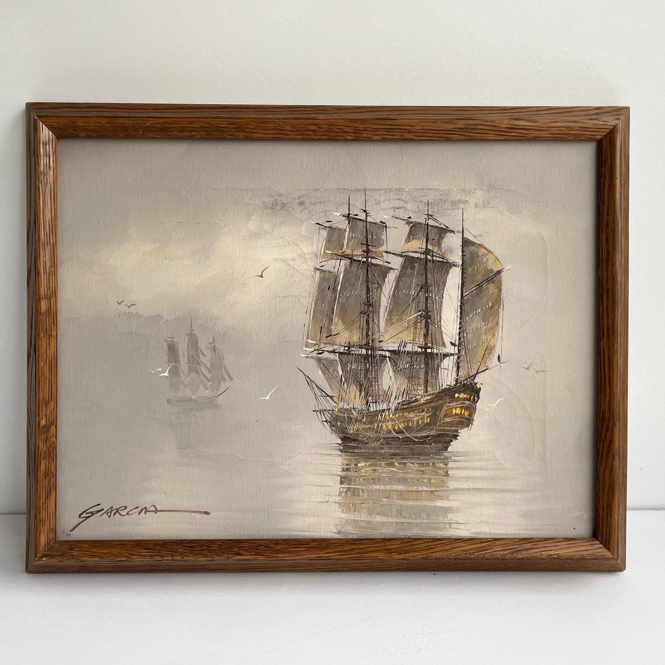 Danny Garcia Signed Nautical Oil Painting | Mid-century Tall Ship