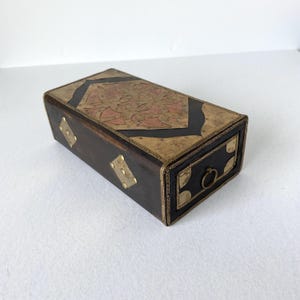 Vintage Wooden Box with Brass and Copper Inlay with Drawer | Decorative Storage Box | Jewelry Box | Keepsake Box