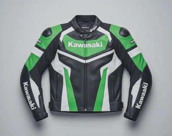Chaqueta de motociclista Kawasaki para hombre, de cuero genuino de vaca en color verde y negro.