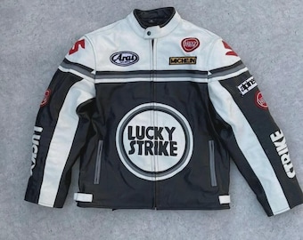 Chaqueta de cuero auténtico Lucky Strike Racing para hombre, chaqueta de motociclista de piel de vaca auténtica