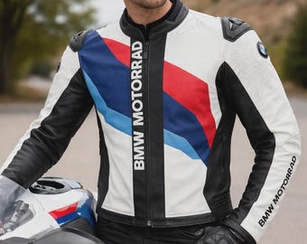 Chaqueta de cuero para moto BMW para hombre, hecha a mano en piel de vaca, estilo motociclista de carreras.