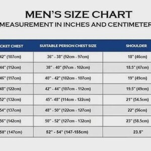 May include: A men's size chart with measurements in inches and centimeters. The chart is in a table format with columns for size, jacket chest, suitable person chest size, shoulder, and sleeves. Sizes range from XSmall to XXXXLarge.