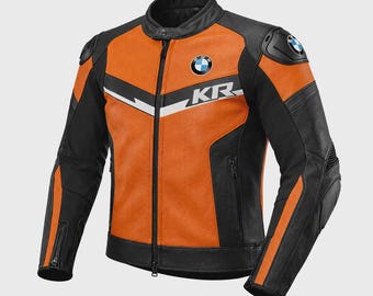 Chaqueta de motociclista BMW Motorrad para hombre, color naranja, de piel auténtica de vaca.