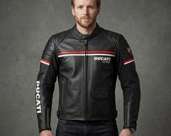 Zwartleren Cafe Racer-motorjas in Ducati-stijl – motorkleding voor heren