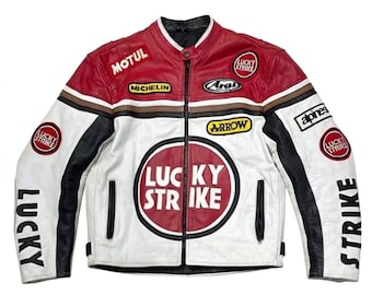 Chaqueta de cuero vintage Lucky Strike Racing para hombre, hecha a mano, estilo retro Cafe Racer Biker