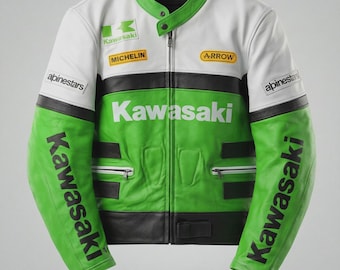 Chaqueta de cuero Kawasaki Racing verde y blanca para motociclista, con protección CE.