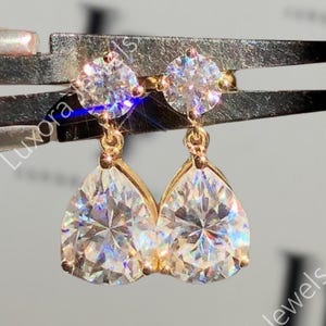 3 Ct Pear & Round Cut Moissanite Drop Earrings in 14K Gold, Art Deco Pear Moissanite Drop Dangle Earrings Gift for Her, Anniversary Gift