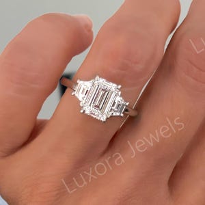 Solid Gold Emerald Cut Moissanite Engagement Ring Three Stone Proposal Ring Side Tapered Trapezoid Ring Birthday/ Anniversary Gift for Women