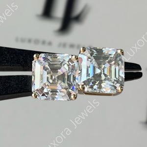 Moissanite Stud Earrings: Asscher Cut, 14K Rose Gold, Handmade