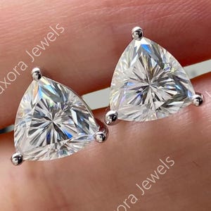 Trillion Cut Moissanite Stud Earrings: Platinum or Silver