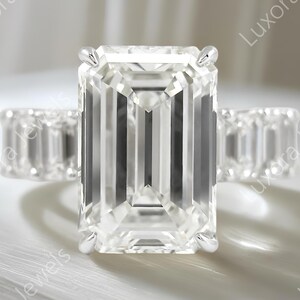 Luxurious 5 Carat Moissanite Diamond Engagement Ring in 14K White Gold, Emerald Cut Diamond Basket Full Eternity Band Wedding Bridal Ring