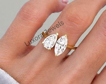 Moissanite Toi et Moi Ring, Marquise & Pear V-Prong, 14K Gold Anniversary Gift for Her, Engagement Ring
