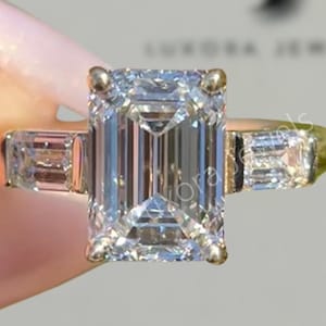 Emerald Cut Three Stone Ring, 3.6 Ct Emerald Cut Colorless Moissanite Engagement Ring, Diamond Ring For Anniversary Gift, Handmade Ring