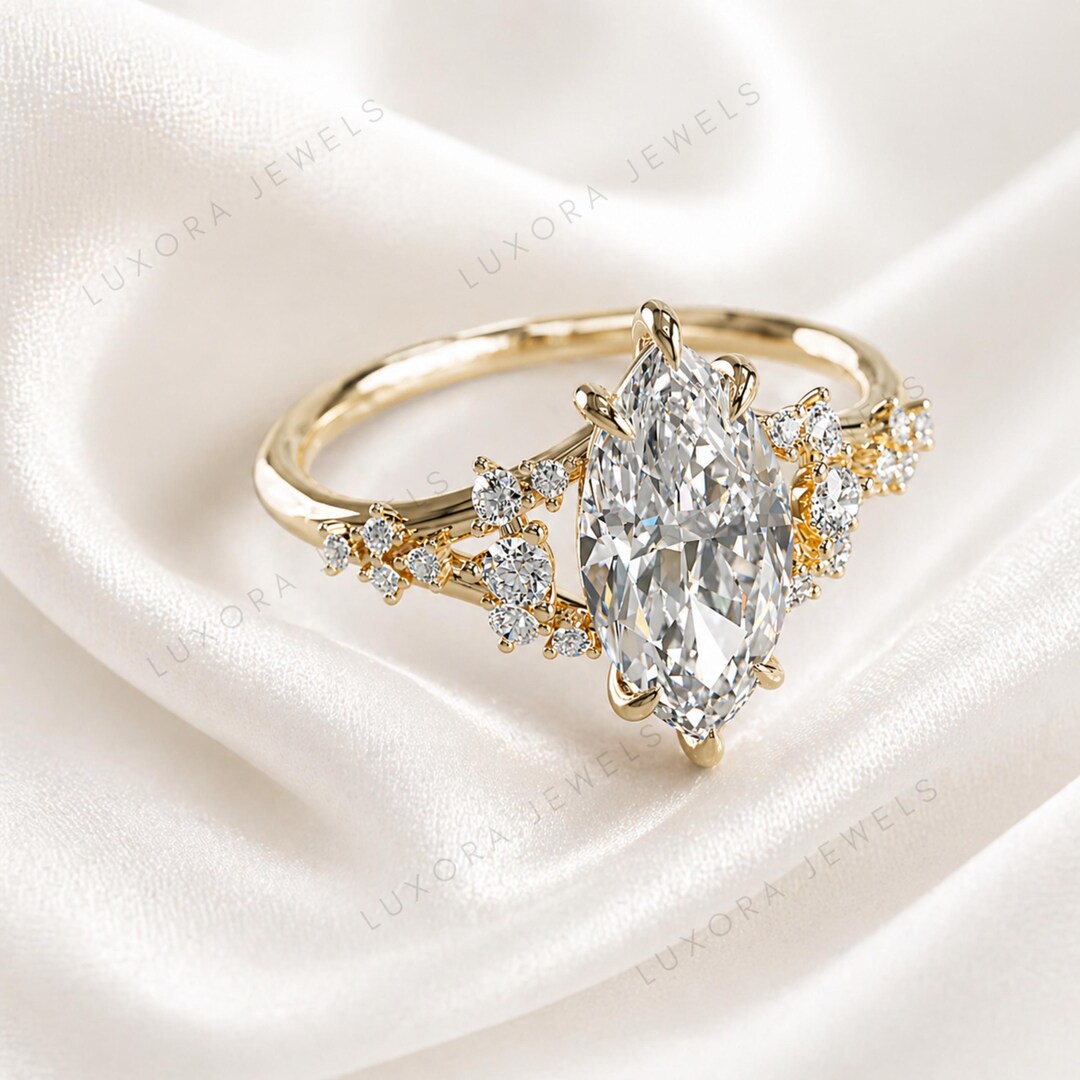 Marquise Cut Lab Grown Diamond Engagement Ring, 14K Gold Cluster ...