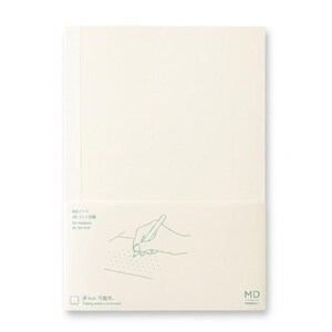 May include: A cream-coloured A5 notebook with a textured spine and a paper band. The band features a line drawing of a hand writing on a dot grid, with text reading MD Notebook, A5 Dot Grid, and the phrase Passing stores you forward.