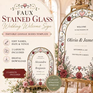 Willkommensschild für Hochzeiten mit floralem Buntglas-Design, bearbeitbare 18×24 Google Slides-Vorlage