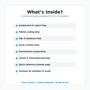 Może przedstawiać: Biały zeszyt ćwiczeń zatytułowany What's Inside? A simple AI study workbook for ICT & CS students. Zawiera listę funkcji, takich jak pomoc w zadaniach, kodowanie w Pythonie, SQL, powt&oacute;rki do egzamin&oacute;w, prezentacje oraz błędy w sztucznej inteligencji.