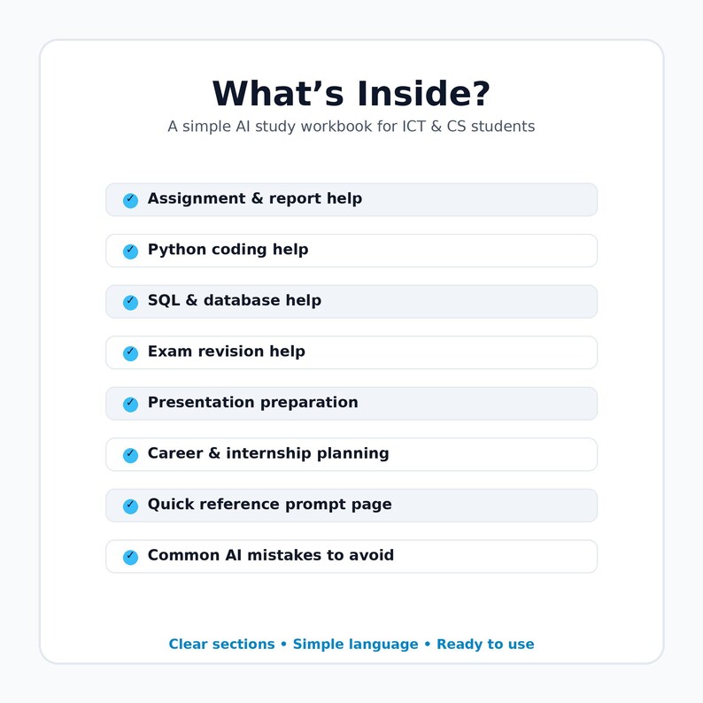 Może przedstawiać: Biały zeszyt ćwiczeń zatytułowany What's Inside? A simple AI study workbook for ICT & CS students. Zawiera listę funkcji, takich jak pomoc w zadaniach, kodowanie w Pythonie, SQL, powt&oacute;rki do egzamin&oacute;w, prezentacje oraz błędy w sztucznej inteligencji.