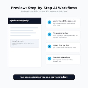Może przedstawiać: Infografika zatytułowana Preview: Step-by-Step AI Workflows z tekstem wyjaśniającym, jak używać AI do kodowania, SQL i zadań. Zawiera pole Python Coding Help z przykładowym poleceniem oraz cztery ponumerowane kroki do nauki.