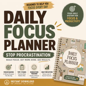 Può includere: Un Daily Focus Planner con rilegatura a spirale, con il testo "Daily Focus Planner". Il design include icone per blocchi di focus, attività principali, tracker delle distrazioni e riflessione quotidiana. Il planner è progettato per aiutarti a concentrarti ogni giorno.