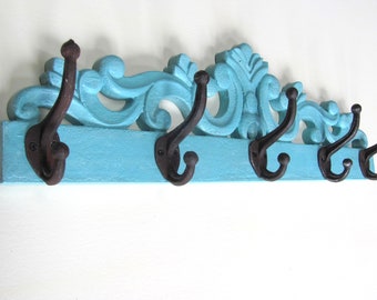 Ornate Coat Rack, Aqua Painted With Wrought Iron Coat Hooks