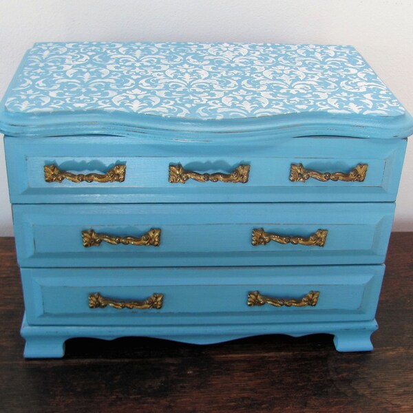 Large Jewelry Box, Vintage Aqua Painted Jewelry Box, Gift For Girlfriend