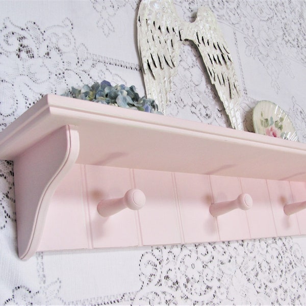 Pink Wall Shelf With Pegs, Coat Rack Shelf, Shabby Chic Girls Room, Wood Nursery Wall Shelf