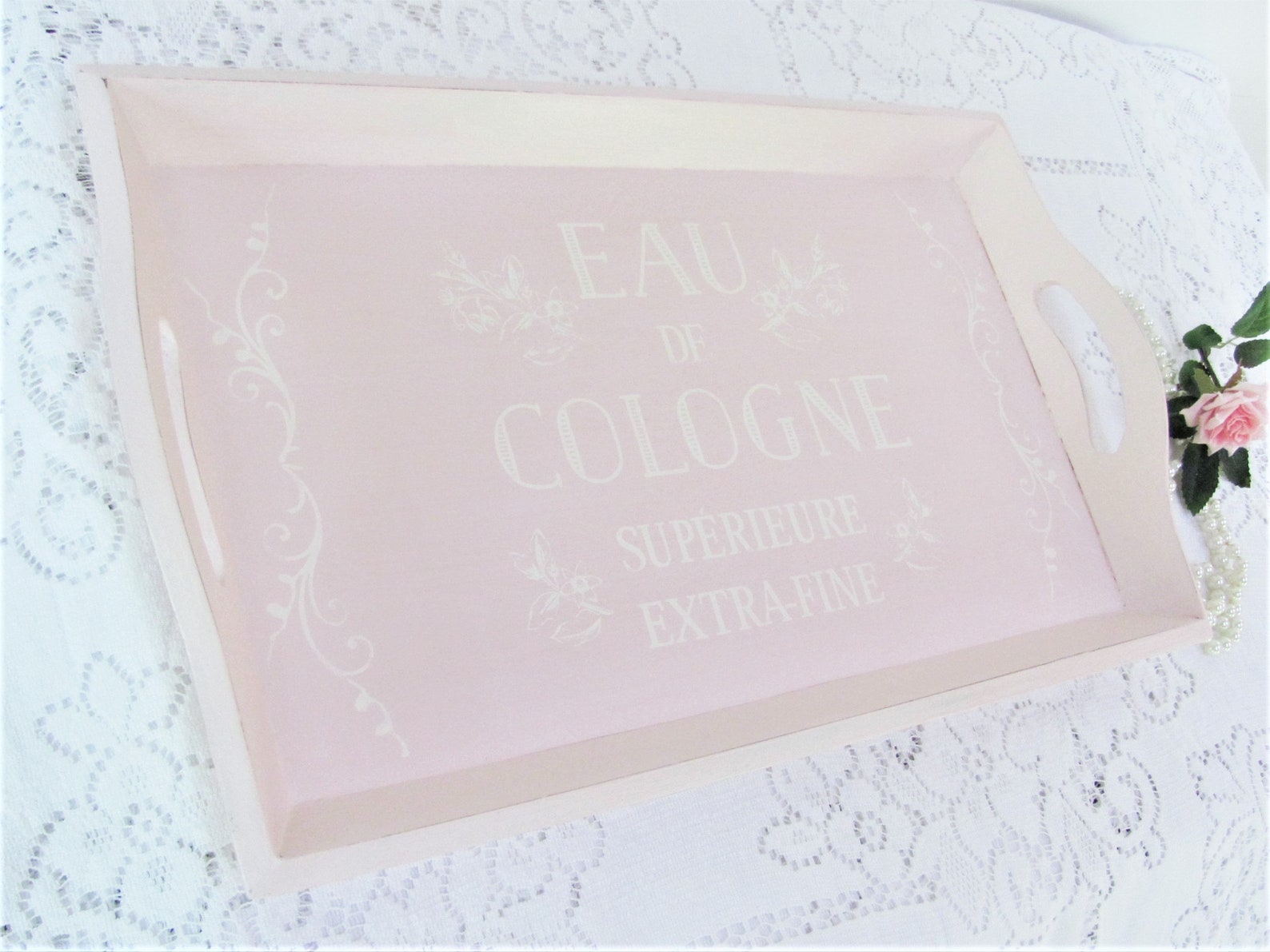 Pink Wood Tray Light Pink Stenciled Wood Serving Tray French Etsy