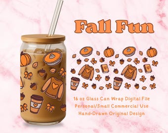 16 oz Glass Can Wrap, Autumn Fall Cozy Libbey Glass Tumbler Seamless Pattern Design, Thanksgiving Sublimation Design, Original Download