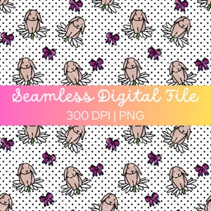 Seamless Pattern, Cute Hand Drawn Bunny on Daisy Black Polka Dot Repeating Digital Pattern High Quality 300 DPI for Fabric, Sublimation