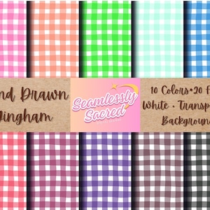 Könnte beinhalten: Ein Set mit 10 handgezeichneten Gingham-Mustern in verschiedenen Farben, darunter Rosa, Orange, Grün, Blau, Rot, Lila und Schwarz. Die Muster sind nahtlos und haben einen weißen Hintergrund. Der Text "Hand Drawn Gingham" und "Seamlessly Sacred" ist auf dem Bild sichtbar.