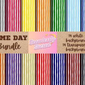 May include: A digital design bundle featuring various striped patterns in multiple colors, including red, yellow, and blue. The image also includes text that reads "Game Day Bundle" and "Seamlessly Sacred". There are 14 white and 14 transparent backgrounds.